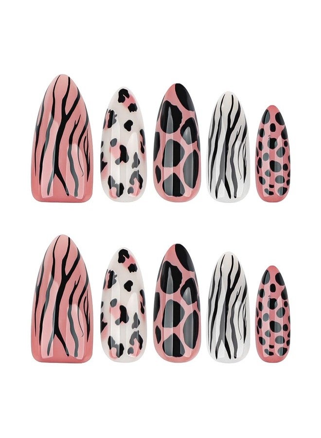 RikView Short Press on Nails Almond Fake Nails Black Nails with Leopard Print Design Glossy Full Cover Nails for Women 24 PCs/Set - Image 3